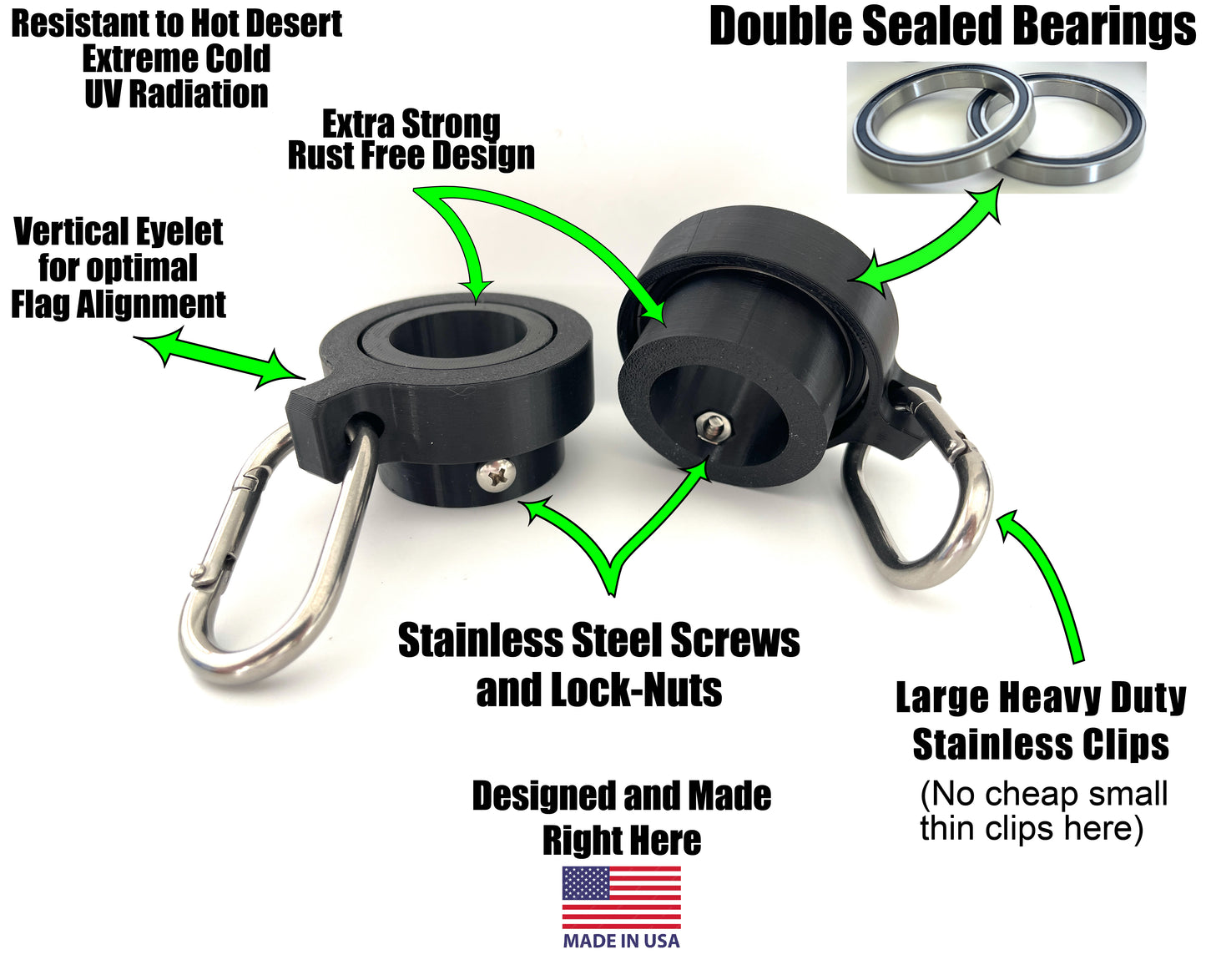 Industrial Grade Flagpole Swivels & Rings with Sealed Bearings & Stainless Clips