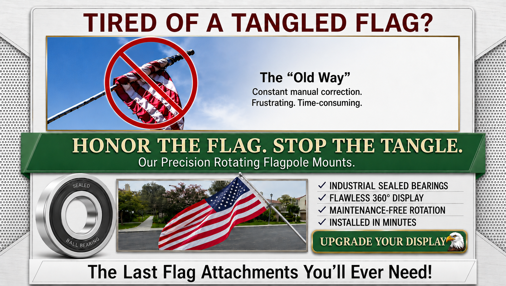 American flag flying tangle-free with industrial sealed bearing flag rings on a white flagpole.