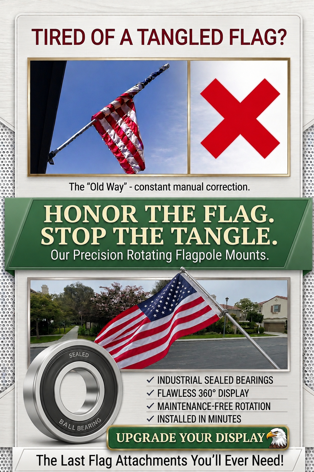 American flag flying tangle-free with industrial sealed bearing flag rings on a white flagpole.