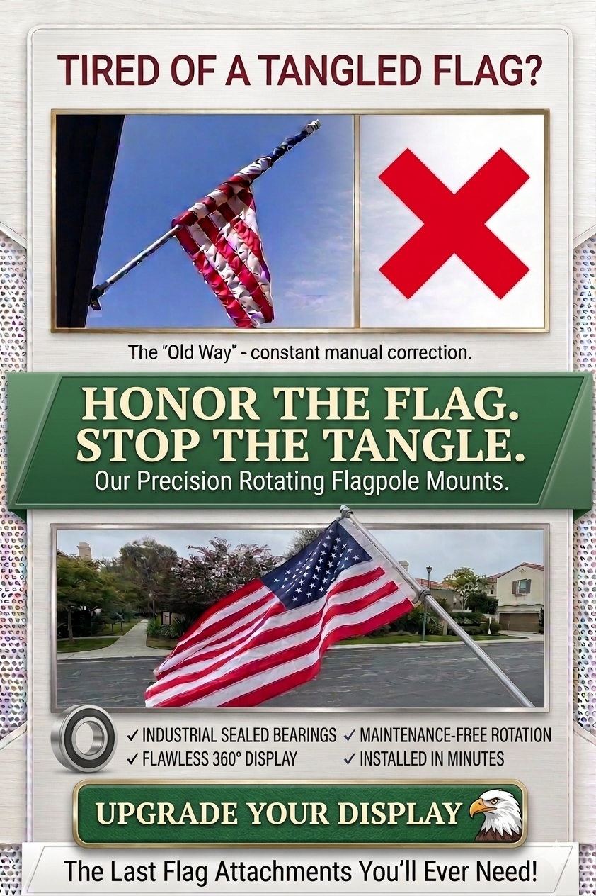 American flag flying tangle-free with industrial sealed bearing flag rings on a white flagpole.