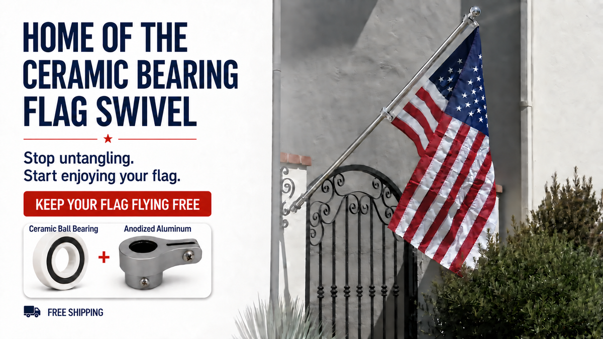 American flag flying tangle-free with industrial sealed bearing flag rings on a white flagpole.